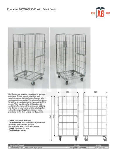 Container 800x700x1500 met Voordeuren – Veilige Rolkooi voor Gemakkelijke Toegang