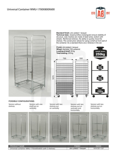 Container WMU 1700x800x600 met plank – Extra lange rolkooi voor oversized goederen
