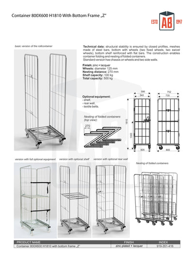 Container 800x600 H1810 met Bodem Z-Frame – Hoge Rolkooi voor Stabiele Opslag