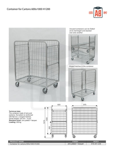 Container voor Kartons 600x1000 H1200 – Geoptimaliseerde Rolkooi voor Verpakte Goederen