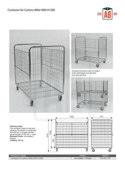 Container voor Kartons 800x1200 H1200 – Grote Rolkooi voor Verwerking van Verpakte Goederen