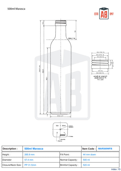 500ml Witte Flint Glass Marasca Olijfolie Fles (Schroefhals)
