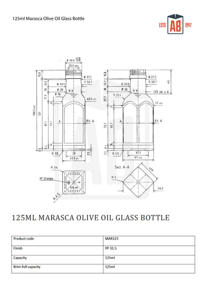 125ml Marasca Olijfolie Glazen Fles (Schroefhals)