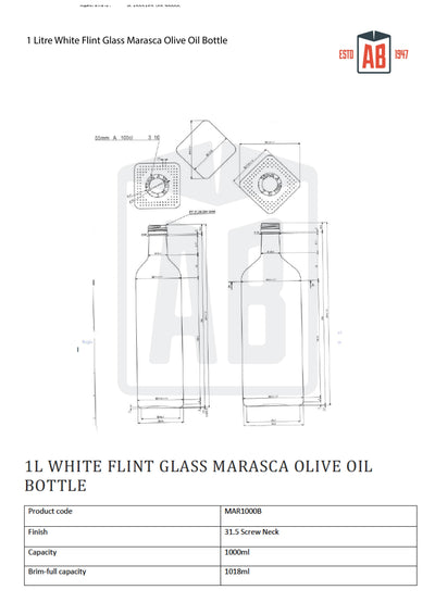 1 Liter Witte Flint Marasca Glazen Olijfolie Fles (Schroefhals)