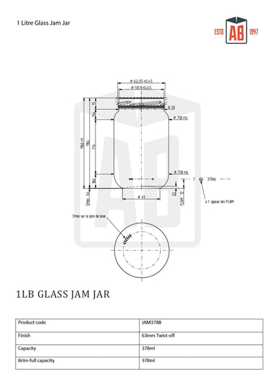 378ml (1lb) Glazen Jam Pot