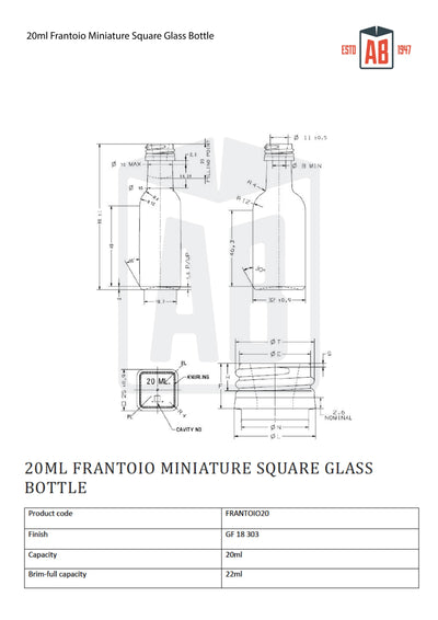 20ml Frantoio Miniatuur Vierkante Fles