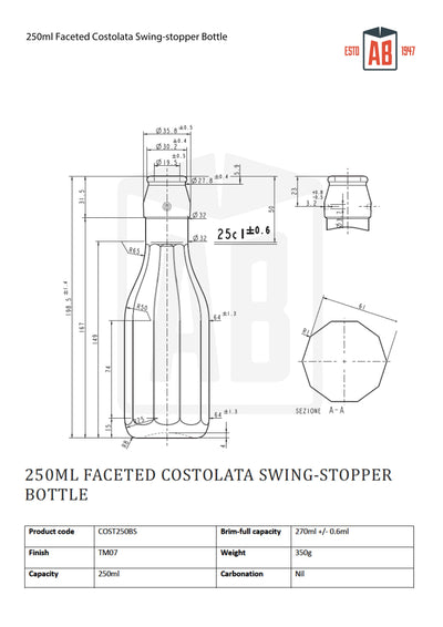 250ml Facetgeslepen Costolata Fles met Schommelstopper