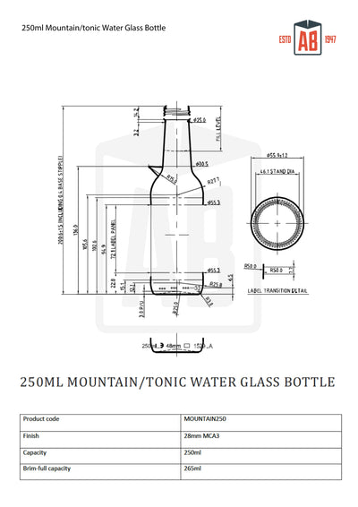 250ml Mountain/Tonic Water Glazen Fles