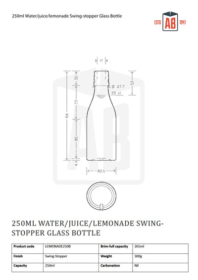 250ml Water/Sap/Limonade Swing-Stopper Glazen Fles