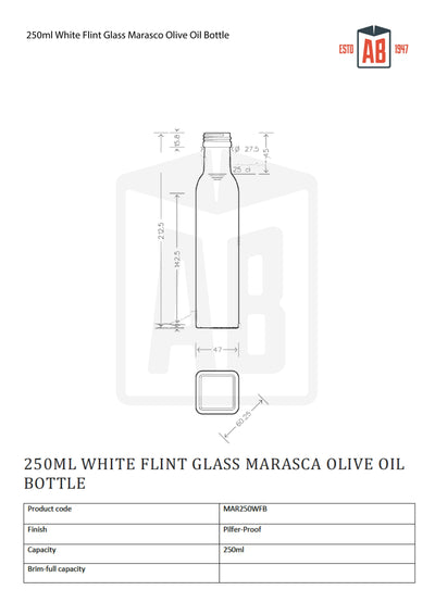 250ml Witte Flint Glazen Marasca Olijfolie Fles (Schroefhals)
