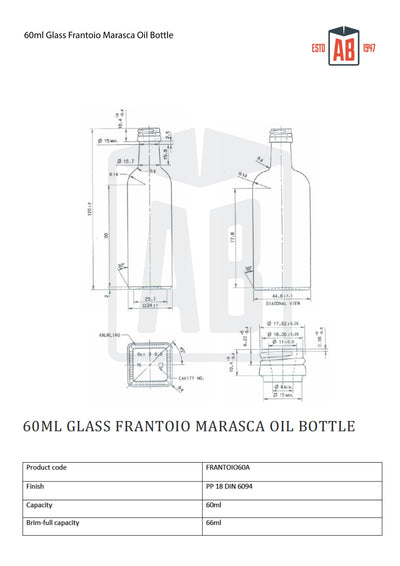 60ml Glazen Frantoio Marasca Olie Fles (Schroefhals)