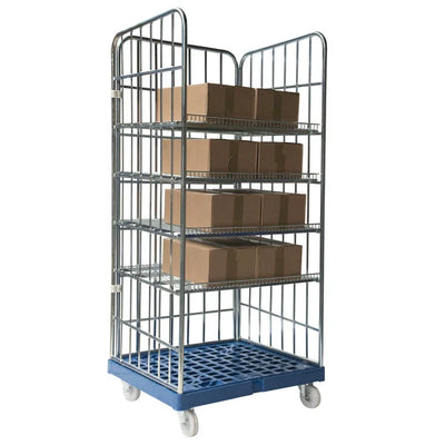 3-zijdige display rolcontainer – 810x720x1808mm, 4 verwijderbare schappen, elektrolytisch verzinkt