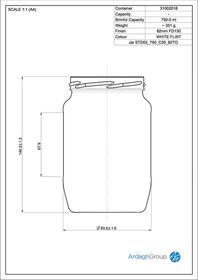 750ml Flint Glas Voedselpot - Ardagh