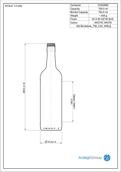 750ml Flint Glass Bordelesa Oneway Wijnfles - Ardagh