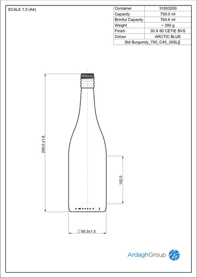 750ml Blauwe Glazen Bourgogne Oneway Wijnfles - Ardagh