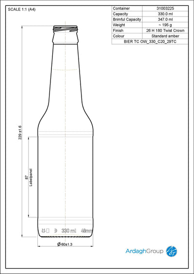 330ml Amber Glass Oneway Bierfles - Ardagh