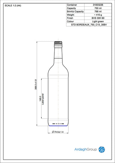 750ml Groene Glazen Bordeaux Oneway Wijnfles - Ardagh