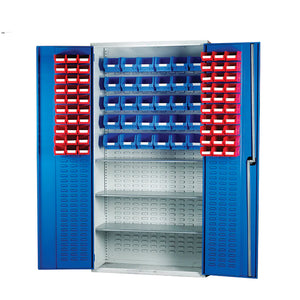 Lockable 2000mm mild steel small parts cabinet with integrated louvred panels and storage bins