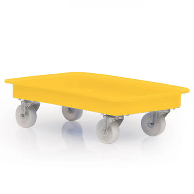 Yellow plastic pallet with wheels on a white background