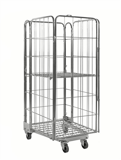 Stackable Roll Container with Door and Shelf – Galvanised Mesh Roll Cage | 400kg Load Capacity