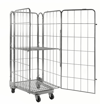Stackable Roll Container with Door and Shelf – Galvanised Mesh Roll Cage | 400kg Load Capacity