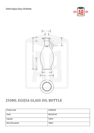 250ml Egizia Glass Oil Bottle (Cork Opening)
