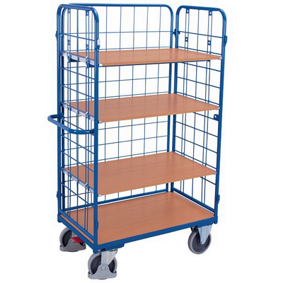 3-Sided Shelved Trolley – 1390x825x1820mm – 4 Beech MDF Shelves, 500kg Capacity, Blue RAL 5010